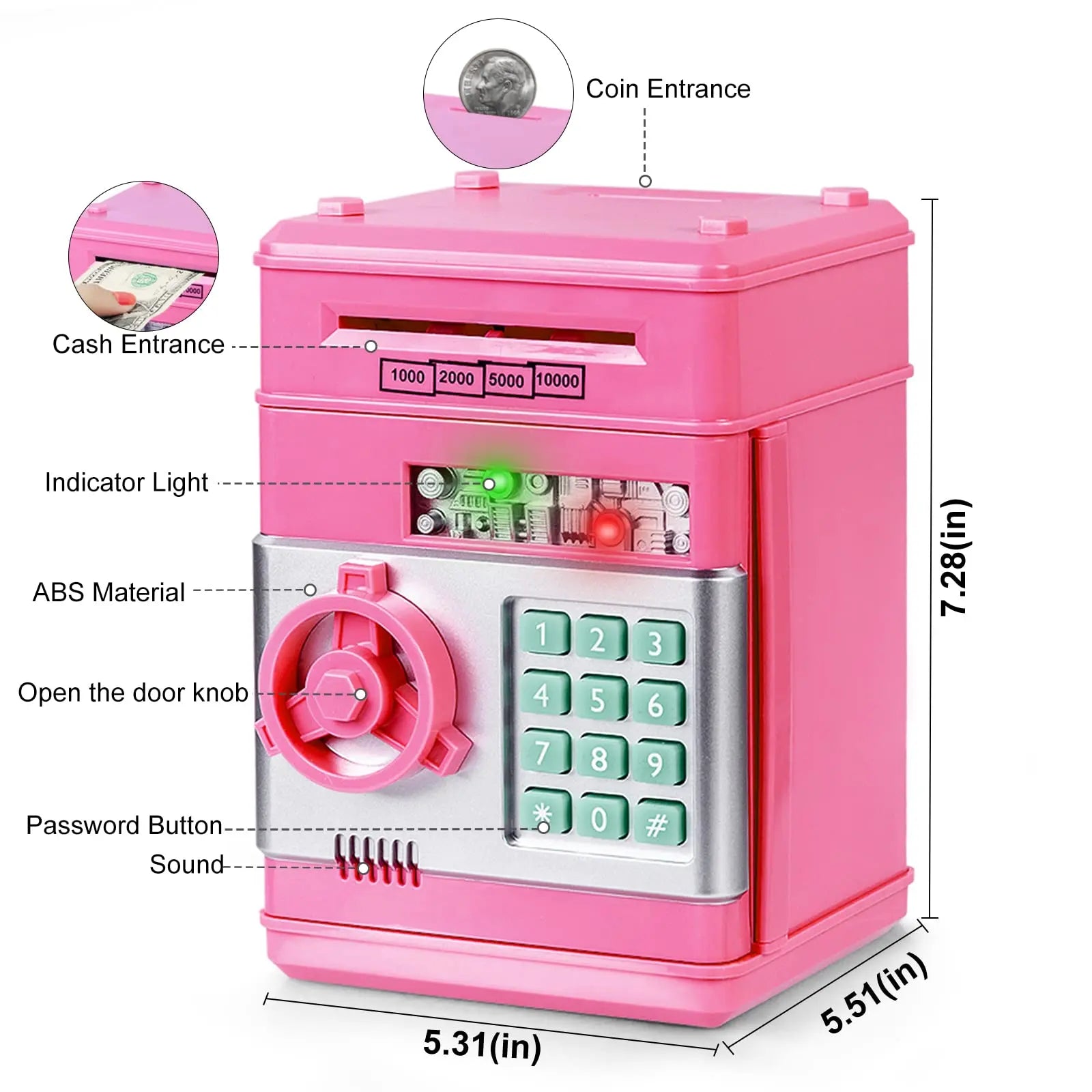Pink Piggy Bank for Kids with Password Code Lock and Auto Grab Bill Slot, Real Money Cash Coin Can Saving Box Electronic Money Safe Bank, Hot Gift for 4 7 8 9 10 11 Year Old Boys Girls