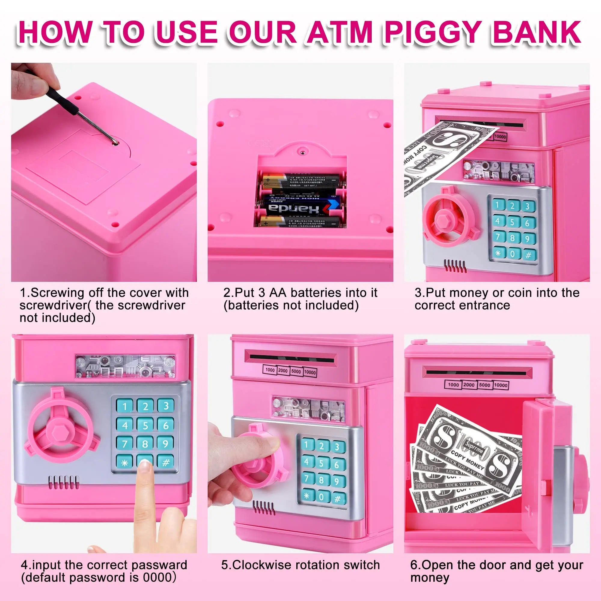 Pink Piggy Bank for Kids with Password Code Lock and Auto Grab Bill Slot, Real Money Cash Coin Can Saving Box Electronic Money Safe Bank, Hot Gift for 4 7 8 9 10 11 Year Old Boys Girls