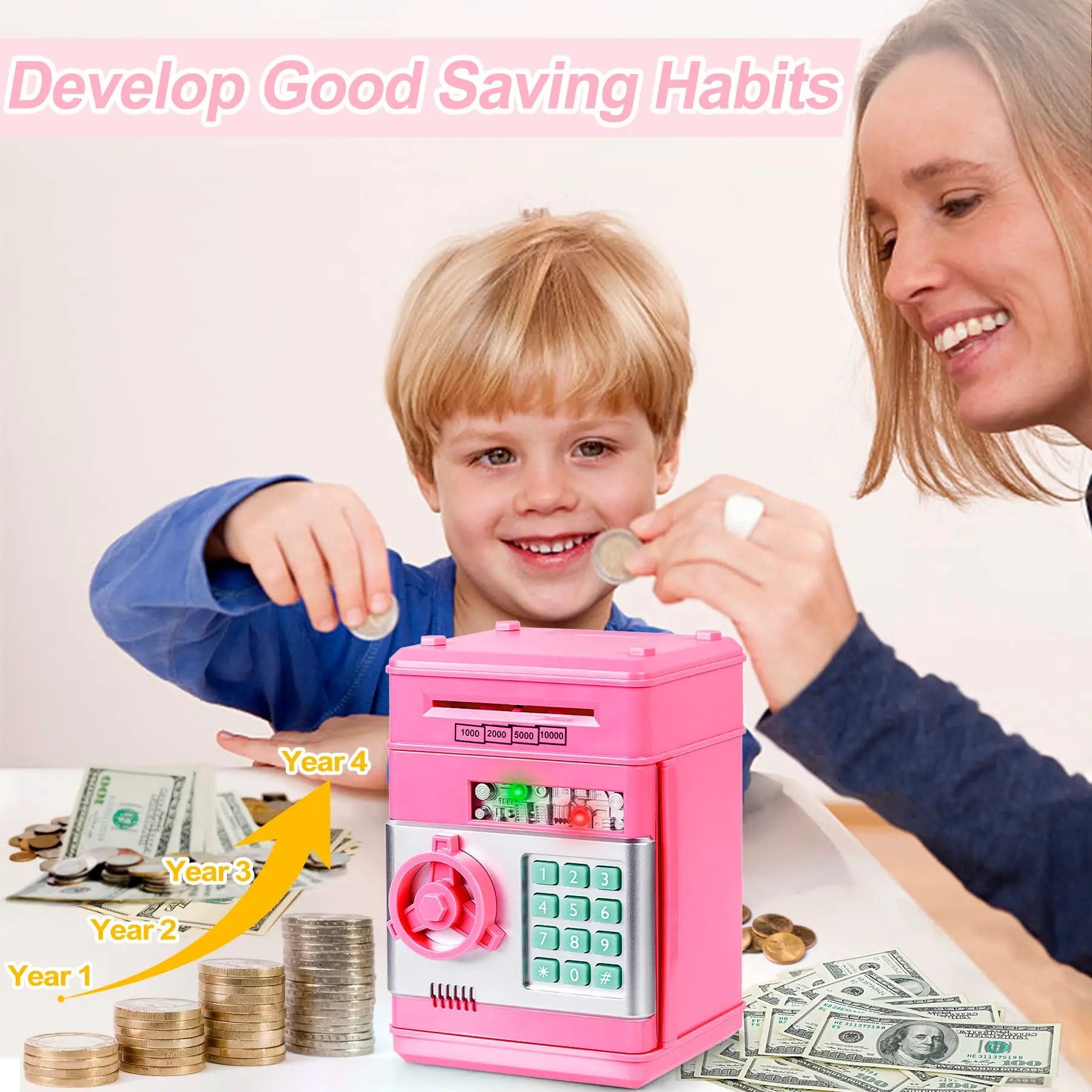 Pink Piggy Bank for Kids with Password Code Lock and Auto Grab Bill Slot, Real Money Cash Coin Can Saving Box Electronic Money Safe Bank, Hot Gift for 4 7 8 9 10 11 Year Old Boys Girls
