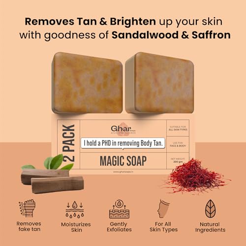GHAR SOAPS Sandalwood & Saffron Magic Soaps For Bath (100 Gms Pack Of 2) Paraben Free Chandan & Kesar Bath Soap Handmade Soaps For Glowing Skin Brightening Soap For Men & Women