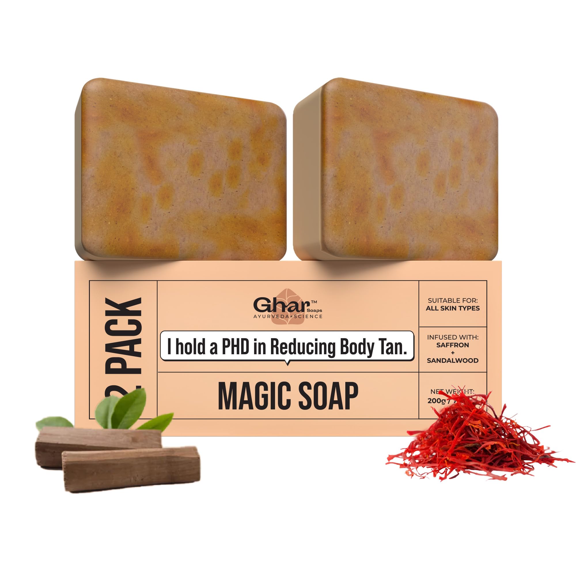GHAR SOAPS Sandalwood & Saffron Magic Soaps For Bath (100 Gms Pack Of 2) Paraben Free Chandan & Kesar Bath Soap Handmade Soaps For Glowing Skin Brightening Soap For Men & Women