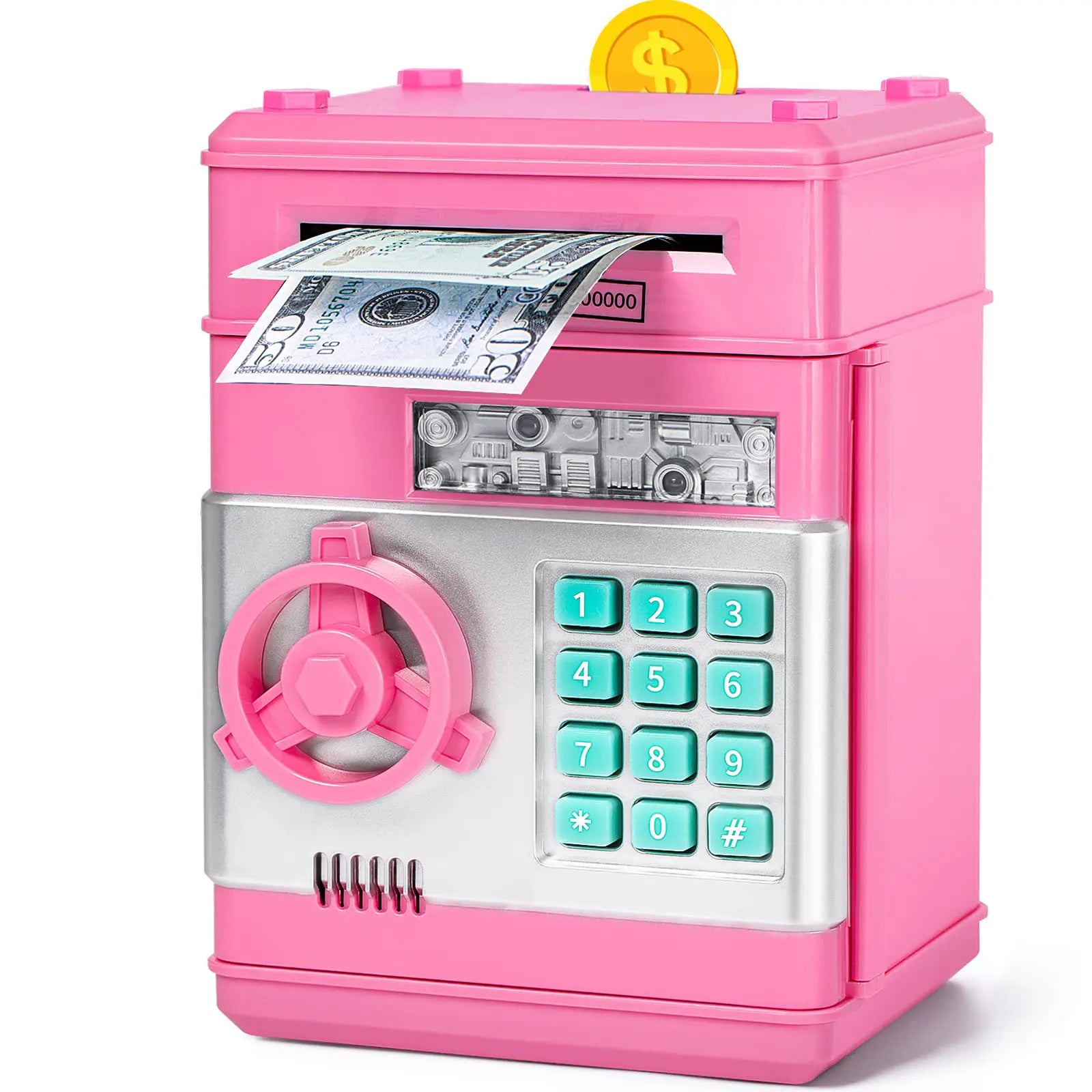 Pink Piggy Bank for Kids with Password Code Lock and Auto Grab Bill Slot, Real Money Cash Coin Can Saving Box Electronic Money Safe Bank, Hot Gift for 4 7 8 9 10 11 Year Old Boys Girls